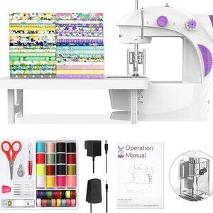 Mini White Sewing Machine with Full Kit and Fabric Bundles - Portable Beginner F